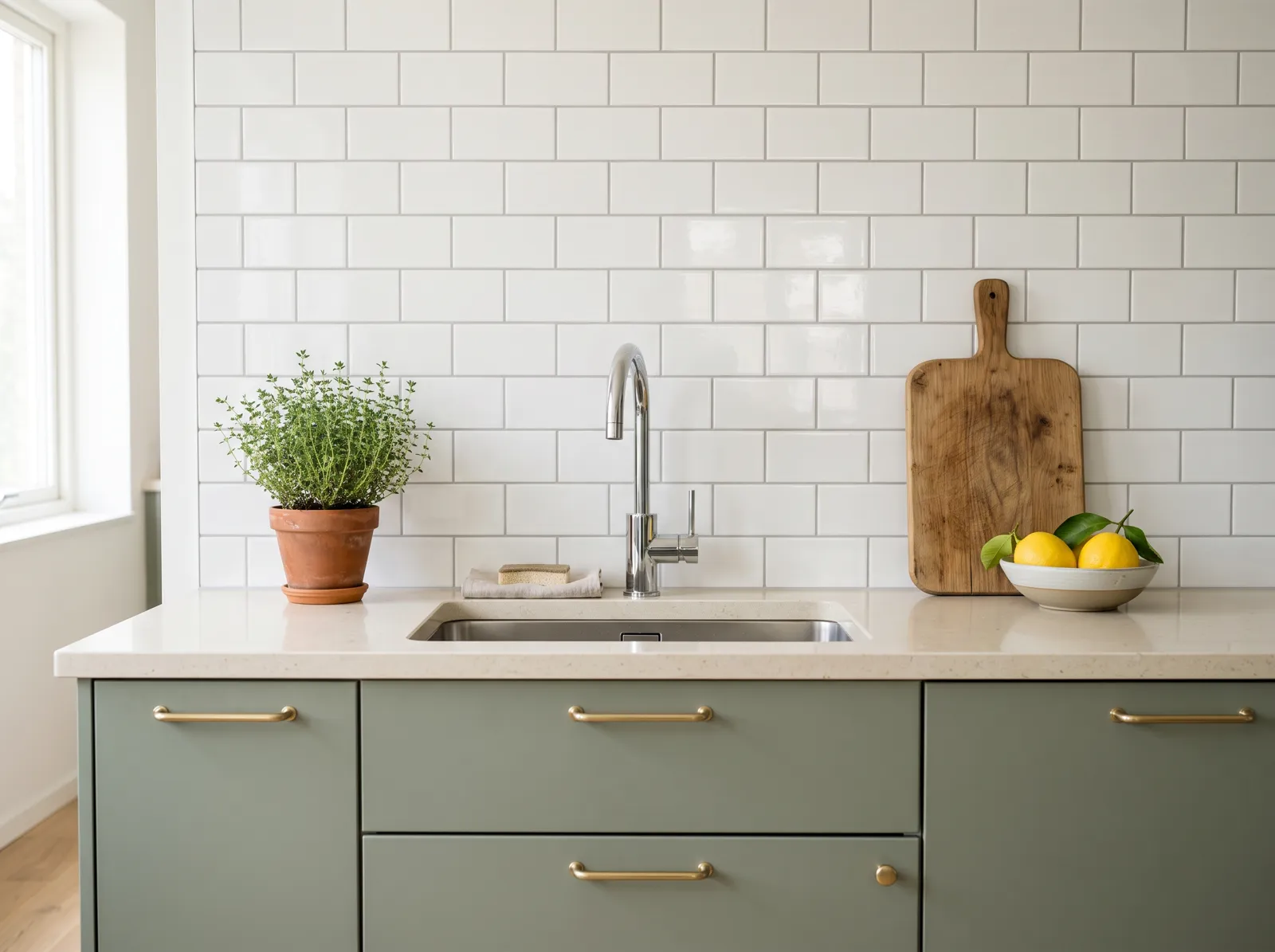 The same kitchen after a Sprig clean: white tiles, shining faucet, clear counter