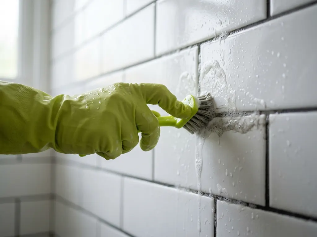 A gloved hand scrubbing grout between white subway tiles