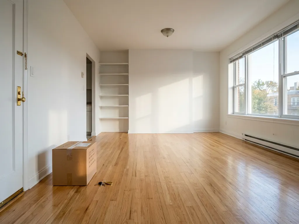 An empty, spotless living room with one moving box and keys on the floor