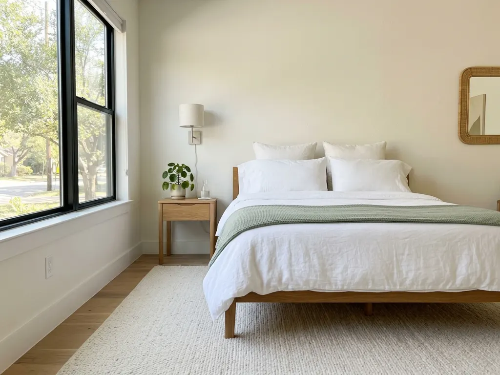 A freshly made bed and a vacuumed rug in a bright bedroom